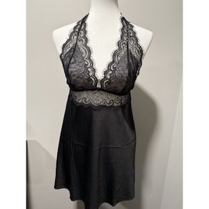 New Adore Me Zandy Slip Lingerie Women's Medium Black Satin And Lace V-Day Gifts